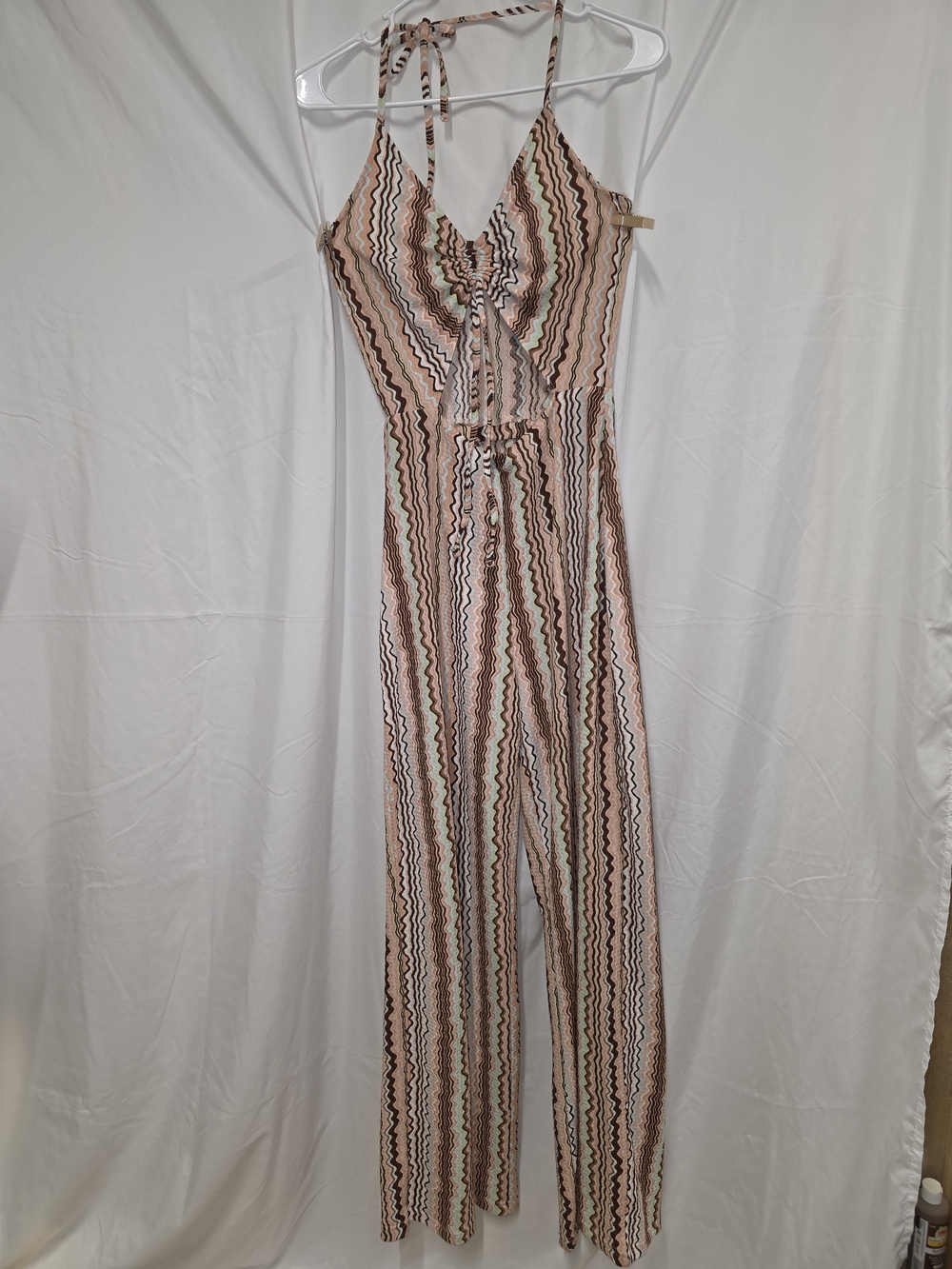 Striped Halter Tie-Waist Jumpsuit in Pink and Brown